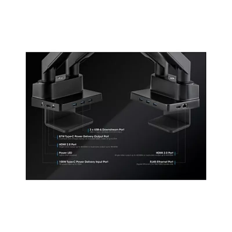 Manhattan Dvigubas laikiklis monitoriams ir televizoriams (dujinis spyruoklinis) su įmontuotu dokstacija, iki 27 colių ekranams, 7 prievadai: Ethernet, HDMI (x2), USB-A (x3) ir USB-C, USB-C galios tiekimas 100 W, VESA 75x75 ir 100x100 mm