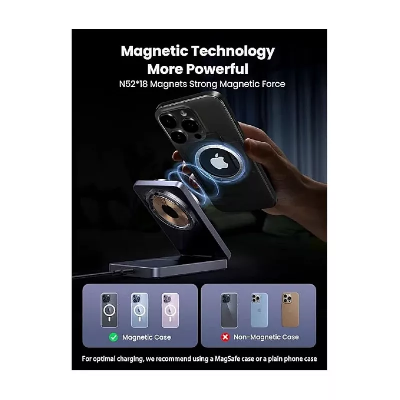 UGREEN W528 belaidis magnetinis 2-in-1 įkroviklis ausinėms ir telefonams, pilka, apsauga nuo trumpojo jungimo ir per žemos įtampos