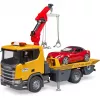 BRUDER Scania Super 560R pagalbos kelyje komplektas su vilkiku ir sportiniu automobiliu