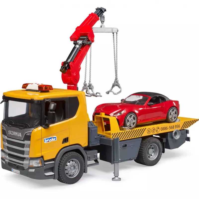 BRUDER Scania Super 560R pagalbos kelyje komplektas su vilkiku ir sportiniu automobiliu