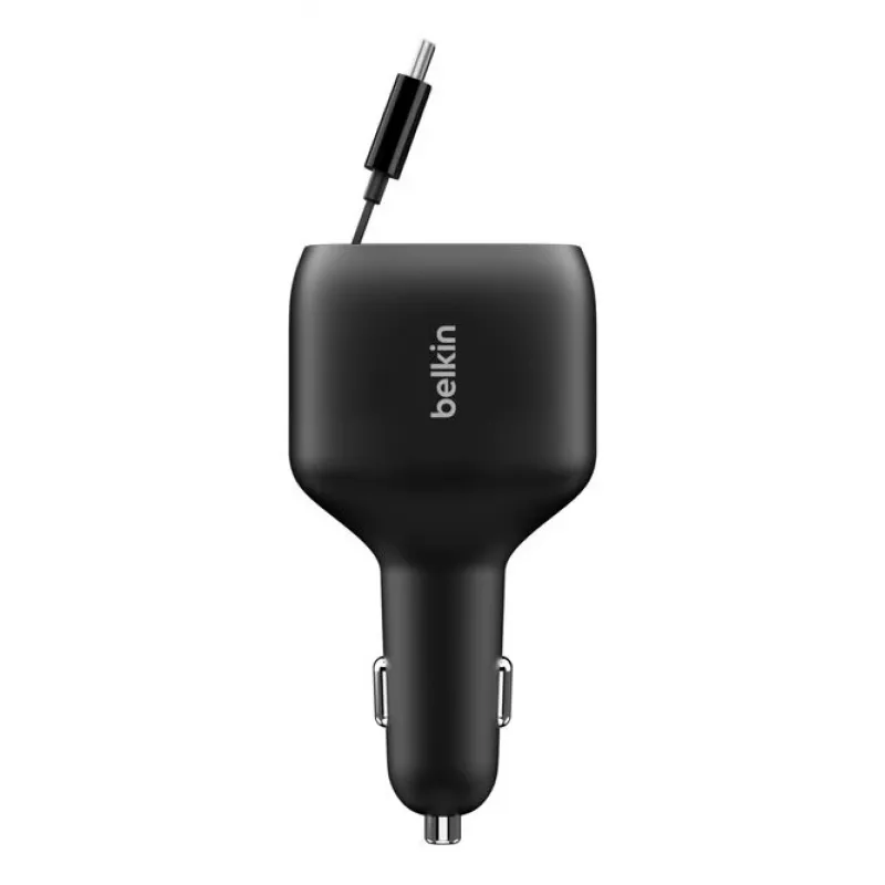 Belkin 75W 2-Port įkroviklis su įtraukiamu USB-C laidu automobiliui (CCC001HQBK)