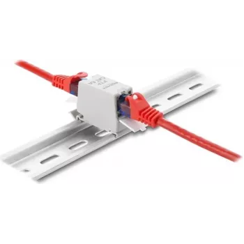 Coupler DELOCK RJ45 Cat.6A moteriškas į moterišką su dulkių dangteliu, ekranuotas, tvirtinimui ant DIN bėgelio, pilka/balta
