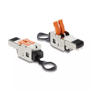 DELOCK RJ45 kištukas su užveržimo fiksatoriumi, 2 kontaktai +/-, be įrankių, kompozitinis maitinimo jungtis, vyriškas, juodas/nerūdijantis plienas