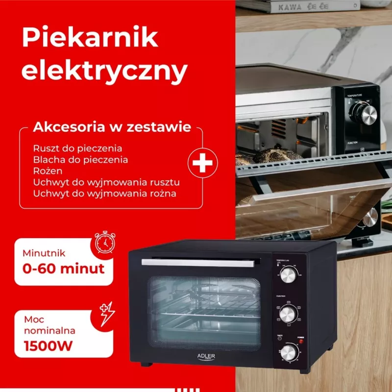 Elektrinė kompaktiška stalviršinė orkaitė Adler AD 6026 – 48 L talpa, 1800 W, laisvai pastatoma, mechaninis laikmatis