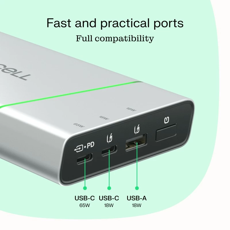 Nešiojama baterija Green Cell BPLGC20P 20800 mAh Li‑Jonų, USB‑C PD 65W, 2x USB‑C + 1x USB‑A, aliumininis korpusas