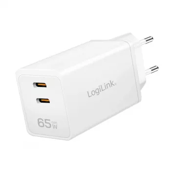 Dvigubas USB-C sieninis adapteris 65W, 2xUSB-C, baltas