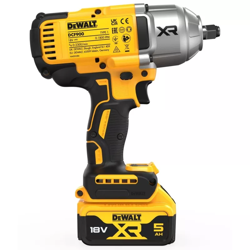 DeWALT DCF900P2T-QW 1/2 colio smūginis veržliaraktis bešepetėliu varikliu 18 V, 1898 N·m, 5 Ah baterija, 2 baterijos, įkroviklis, dėklas
