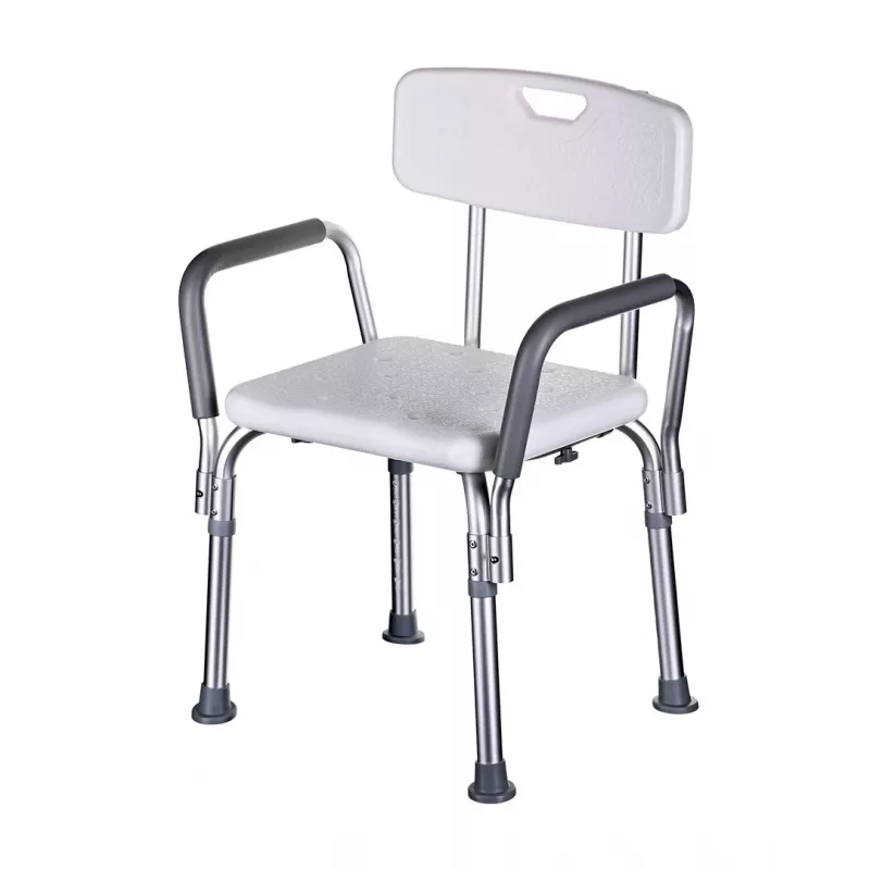 Priekabinis dušo kėdė ActionMed KP300AM su atlošu ir porankiais, polipropilenas, reguliuojamas aukštis 43–56 cm, sėdynė 40×33 cm, maks. svoris 110 kg