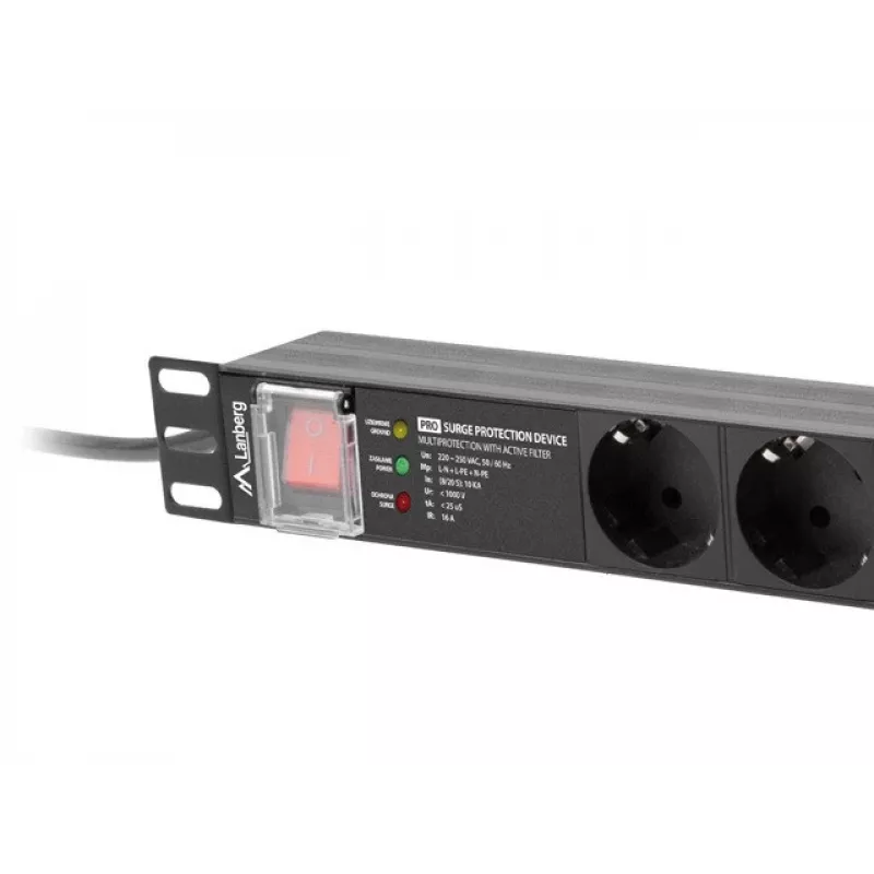 Maitinimo skirstytuvas LANBERG PDU-PRO-07F-0200-BK — 1U stovo PDU, 7 F tipo lizdai, 16 A, 2 m laidas, juodas