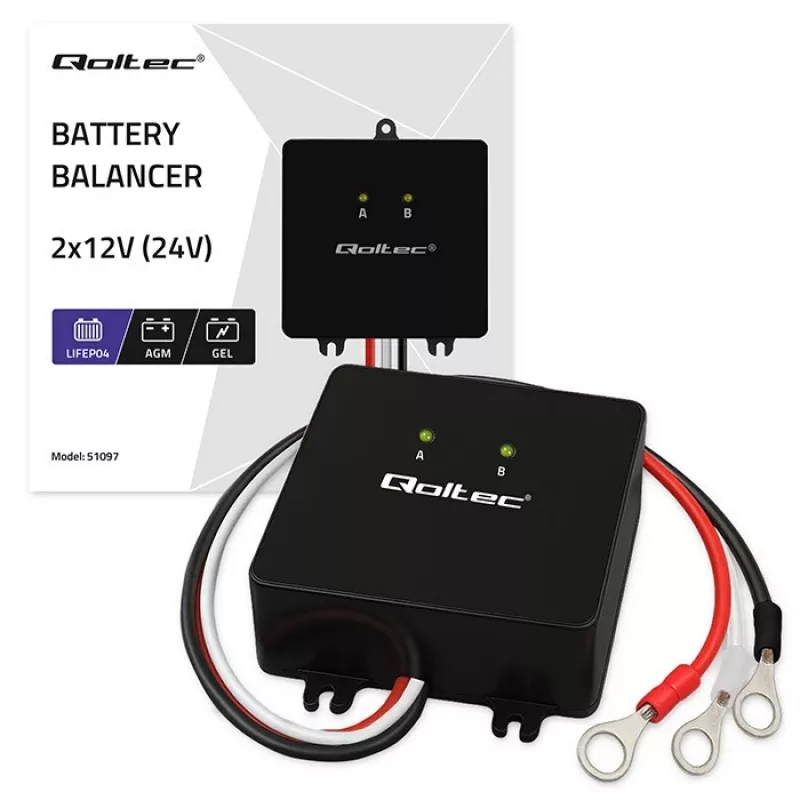 Įtampos balansuoklis QOLTEC 51097 24V (2×12V) akumuliatoriams, 5A balansavimo srovė