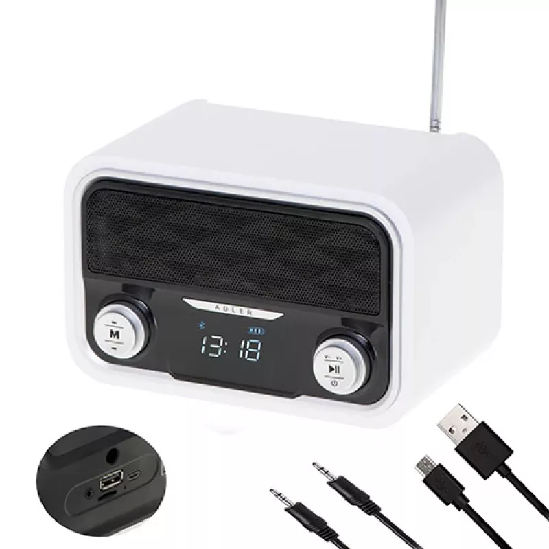 Nešiojamas radijas Adler AD 1185 – FM, Bluetooth 4.0, MP3, SD kortelė, AUX, 1800 mAh baterija, LCD ekranas, mikro-USB įkrovimas