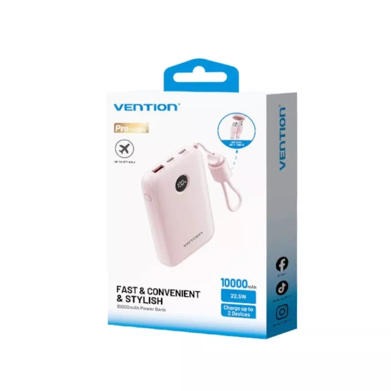 Power bank Vention FKAP0-C 10000 mAh, 2× USB-C + 1× USB-A, 22.5 W, Rožinė