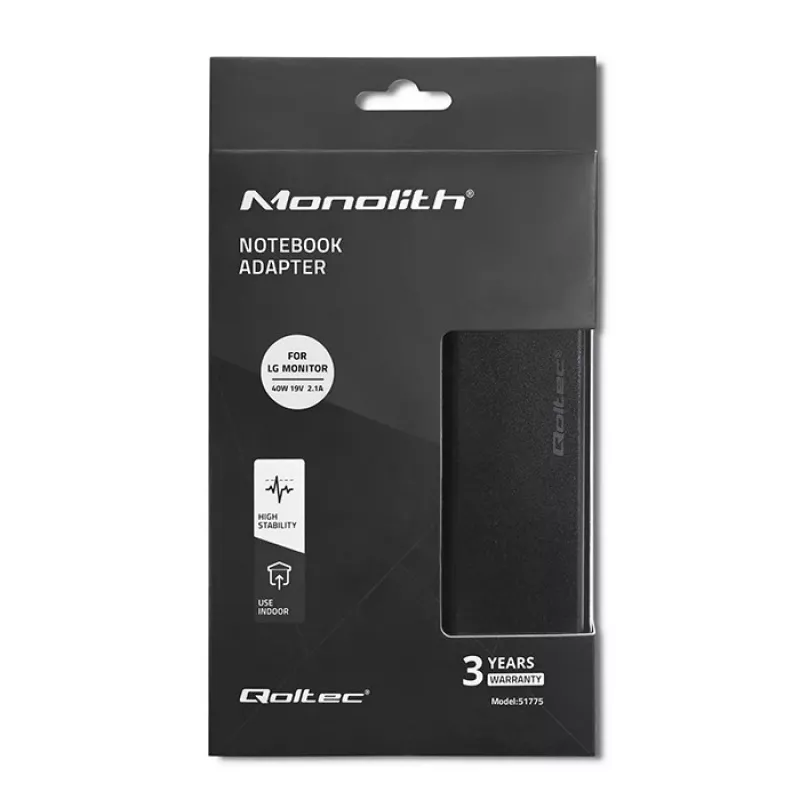 Maitinimo adapteris Qoltec 51775 40W 19V 2,1A monitoriams, juodas, 1,75 m laidas