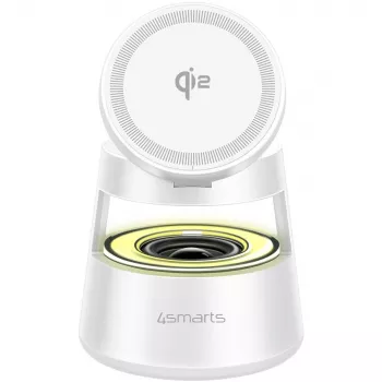 Belaidis įkroviklis 4smarts Qi2 Aura Sound Baltas – greitas belaidis Qi2 įkrovimas su integruotu garsiakalbiu