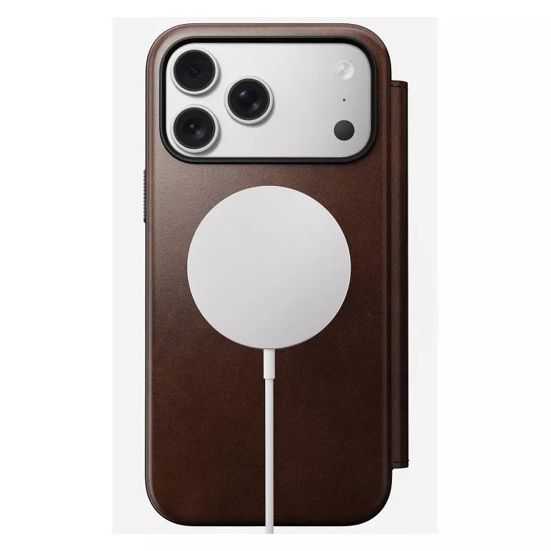 Nomad Modern Leather Folio dėklas iPhone 17 Pro Max — Ruda oda, 6,3 colio ekranas, 4 kortelių kišenės