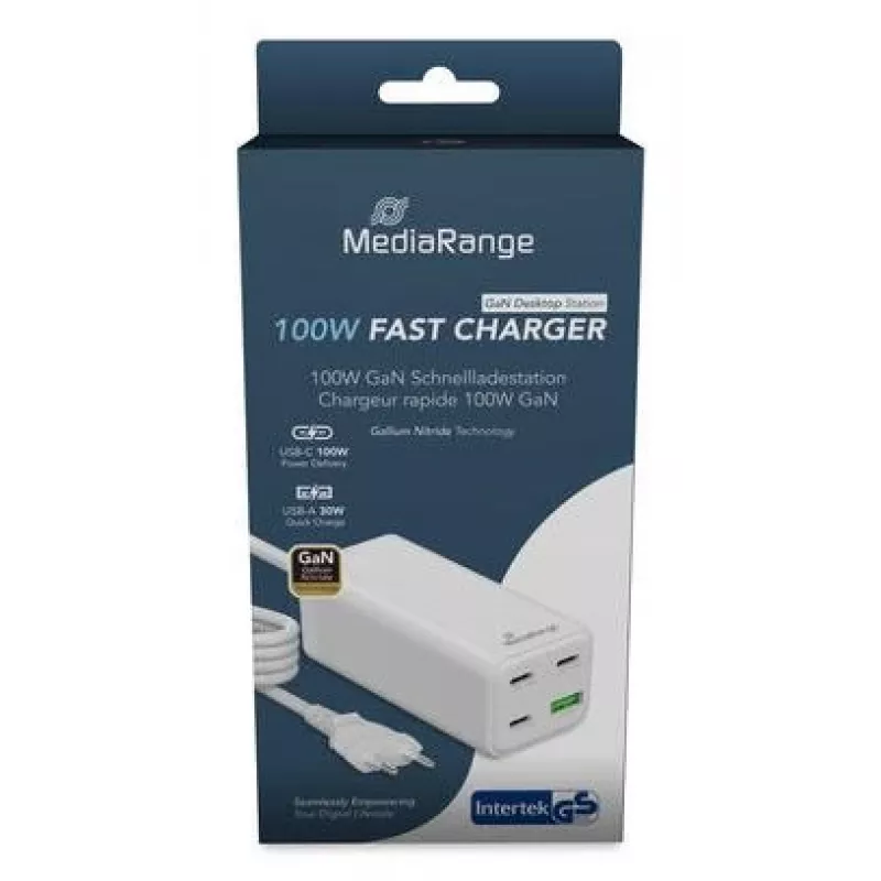 MediaRange MRMA124 greitasis kroviklis 100W, 3x USB-C, 100–240V, 1,5 m laidas, baltas