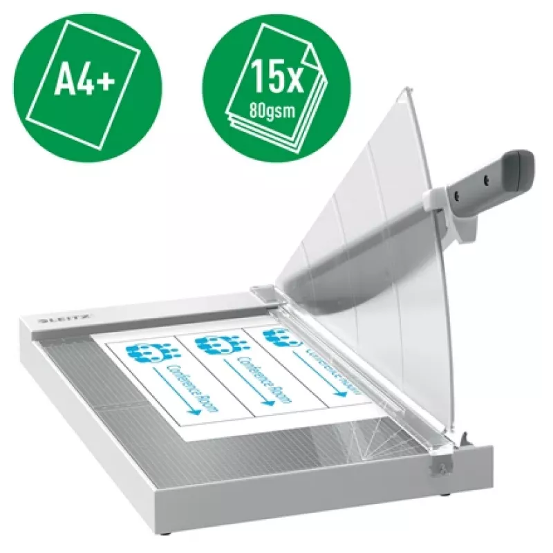 Pjaustytuvas popieriui Leitz Precision Office A4+, 15 lapų, rankinis spaustuvas, nerūdijantis plienas, A4 Maxi, 80 g/m², stiklas