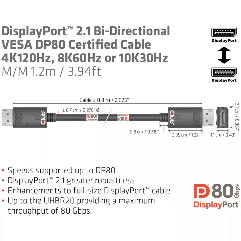 CLUB3D DisplayPort 2.1 dvipusis VESA DP80 sertifikuotas kabelis 4K240Hz, 8K60Hz arba 10K30Hz M/M 1,2 m