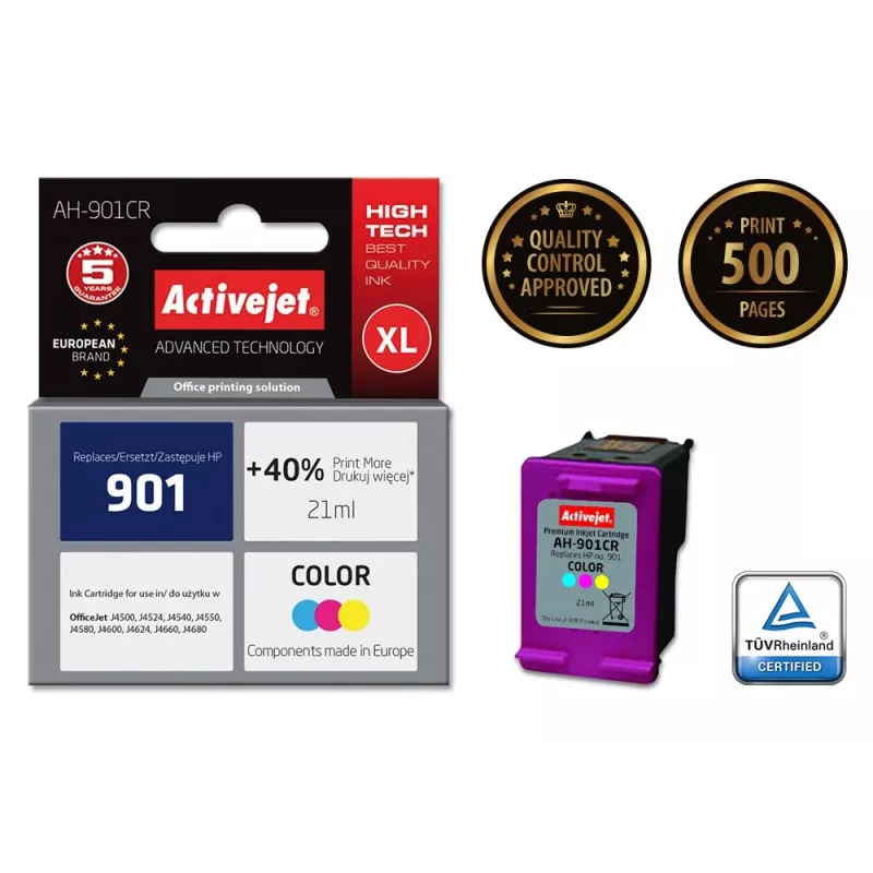 Tinkama kasetė ActiveJet AH-901CR Spalvota (High XL, dažų pagrindu, 21 ml, Ciian/Magenta/Geltona)