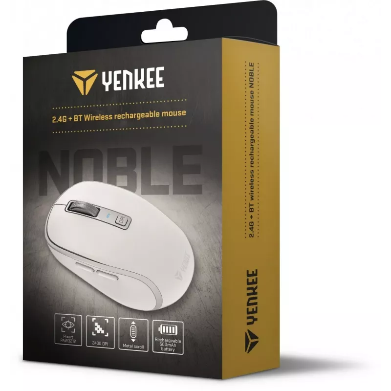 Yenkee YMS 2085WH NOBLE belaidė pelė DUAL WiFi+Bluetooth, įkraunama, 5 mygtukai, balta