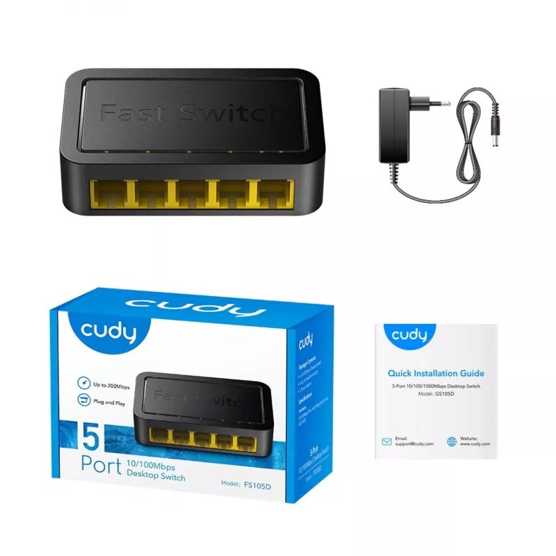 Tinklo jungiklis Cudy FS105D — 5 prievadų Fast Ethernet 10/100, 1 Gbit/s perjungimas, juodos spalvos