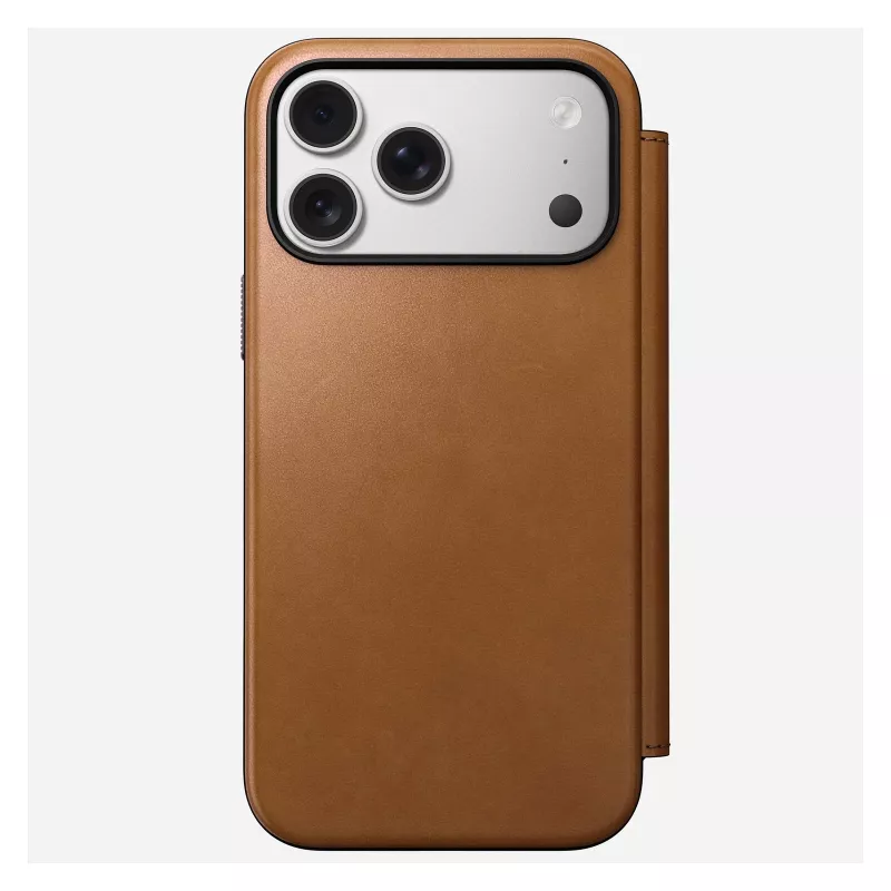 Nomad Modern Leather Folio dėklas iPhone 17 Pro Max — Tan (oda, iki 17,5 cm ekrano, 4 kortelių kišenės)