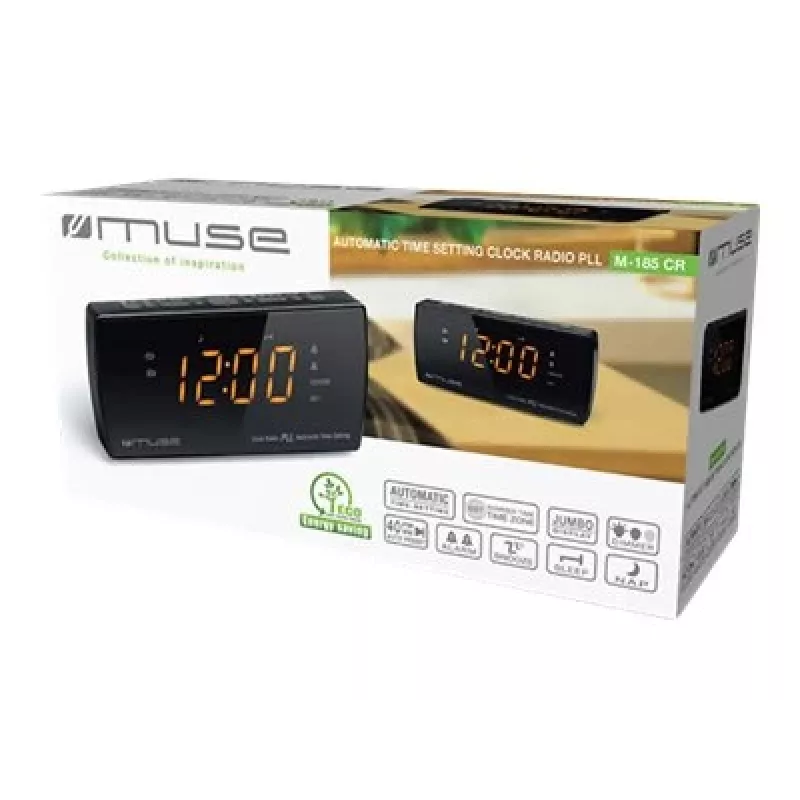 Radijo laikrodis Muse M-185 CR – FM/MW, 0,9 colio LED ekranas, AC 230V su AAA baterijos atsargine energija, juodas