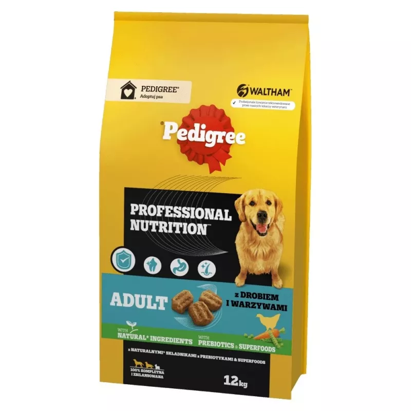 Sausas šunų ėdalas Pedigree Professional Nutrition Adult – paukštiena ir daržovės, 12 kg, baltymai 20%, riebalai 9%