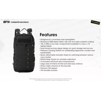 Kelioninė kuprinė Nitecore BP18 – juoda nailonas/poliesteris, 240×160×470 mm