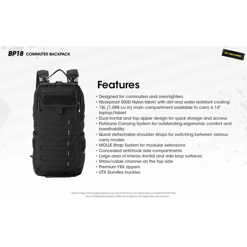 Kelioninė kuprinė Nitecore BP18 – juoda nailonas/poliesteris, 240×160×470 mm
