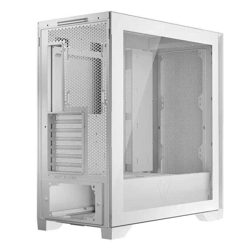 PC korpusas MODECOM VOLCANO EXPANSE S MIDI bokštas – baltas, microATX, grūdintas stiklas, USB-C, palaiko GPU iki 430 mm
