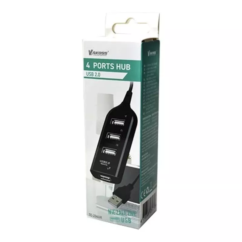 VAKOSS USB hubas TC-234UX – 4 prievadų USB 2.0 centras, maitinimas DC (5V, 1A), juodas