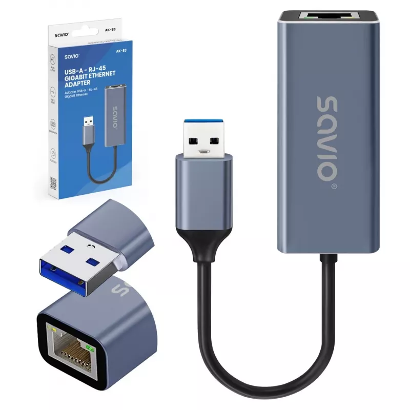 Tinklo adapteris SAVIO AK-83 USB-A į RJ-45, 5 Gbit/s, juodas