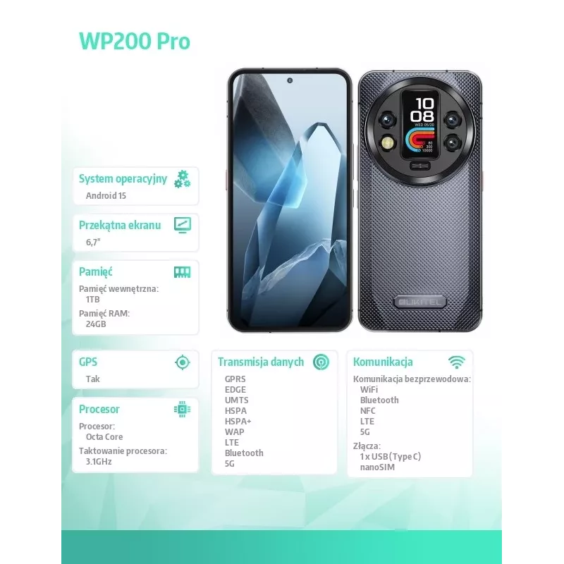 Oukitel WP200 Pro 5G 6.7 col. 24GB/1TB DS. 8800mAh Pilka