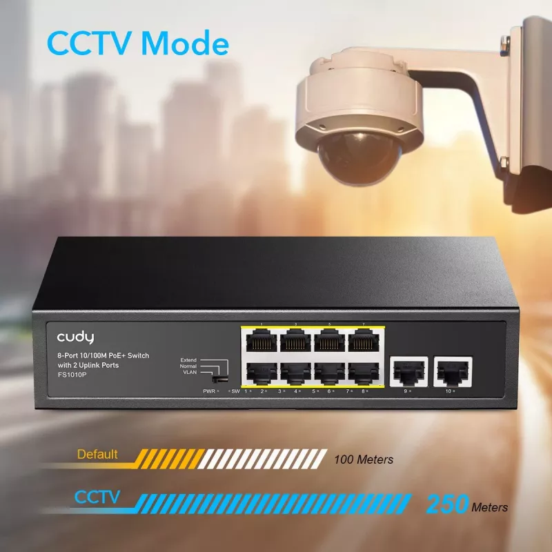 Cudy FS1010P tinklo jungiklis Fast Ethernet (10/100) su PoE, juodas