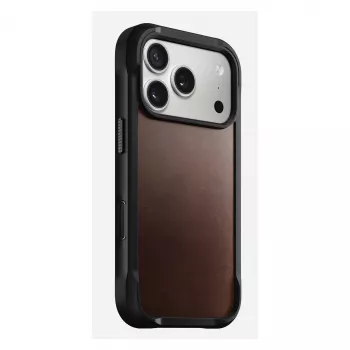 Mobilaus telefono dėklas Nomad Rugged Leather Case, skirtas iPhone 17 Pro, 6,3 colio (16 cm), ruda spalva, oda/TPU/aliuminis
