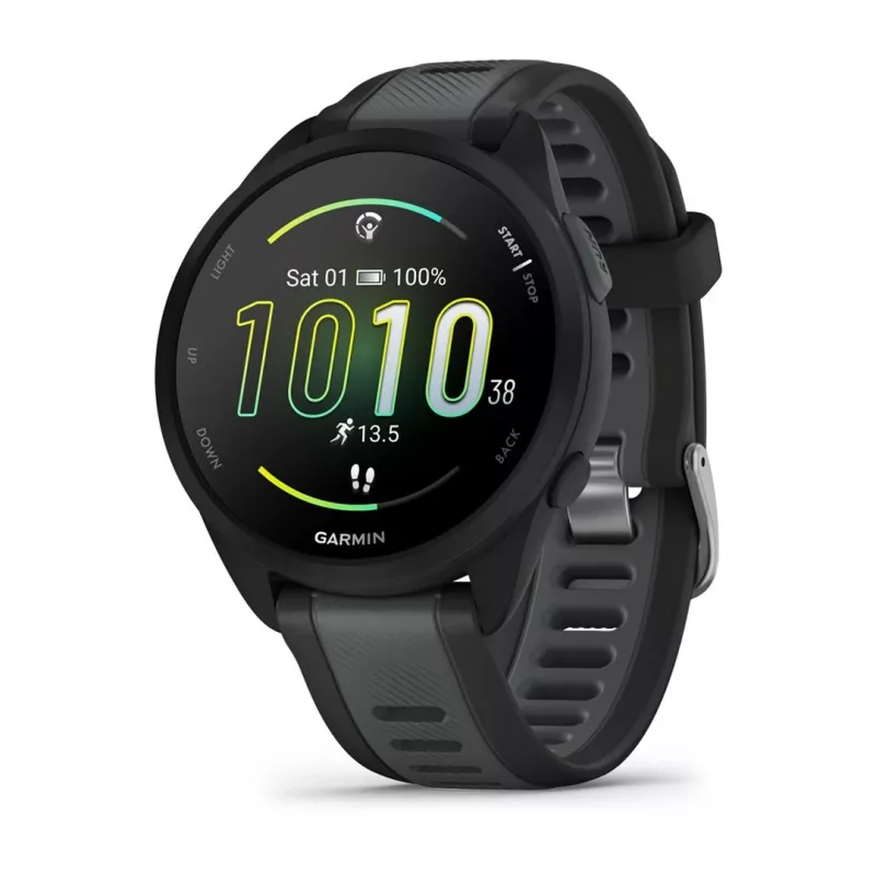 Garmin Forerunner 165 Music – juodas sportinis laikrodis su silikoniniu dirželiu, pilkai šiferio spalvos, 1,2 colio ekranas, 126–203 mm riešo apimtis (010-02863-30)