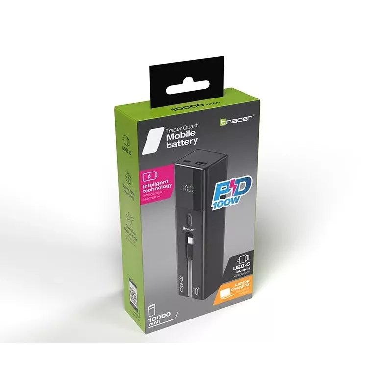 Nešiojamas Power Bank TRACER Quant 10000 mAh Li-Ion, PD & QC3.0, 3 prievadai (2×USB-C, 1×USB-A), 100W, Juodas