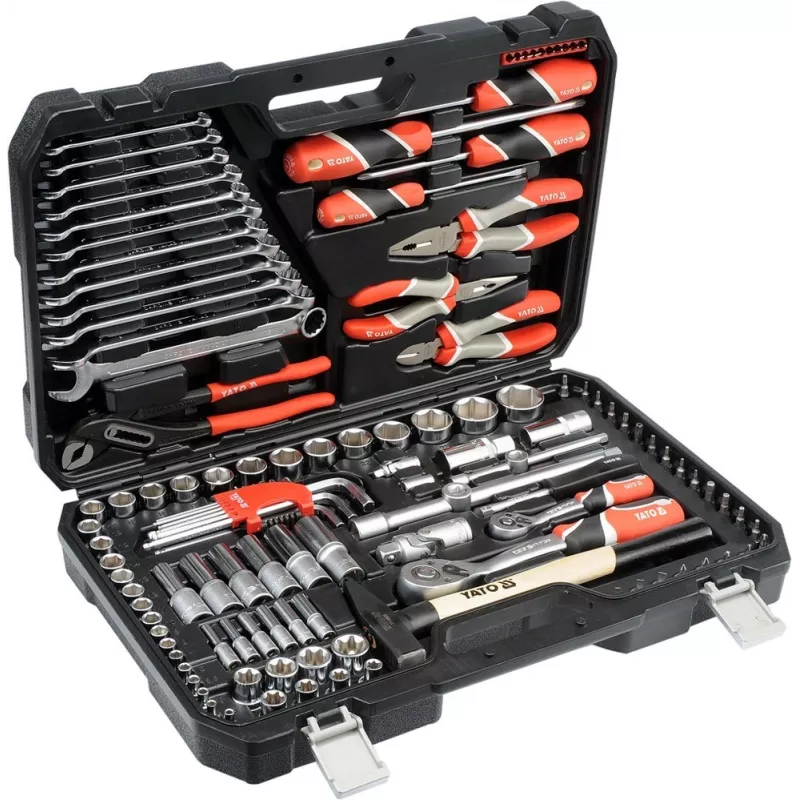 Mechaniko įrankių rinkinys YATO YT-38901 – 122 vnt., su lizdais 12–32 mm, reketu, prailginimais, atsuktuvais, plaktuku, replėmis, chromuota apdaila