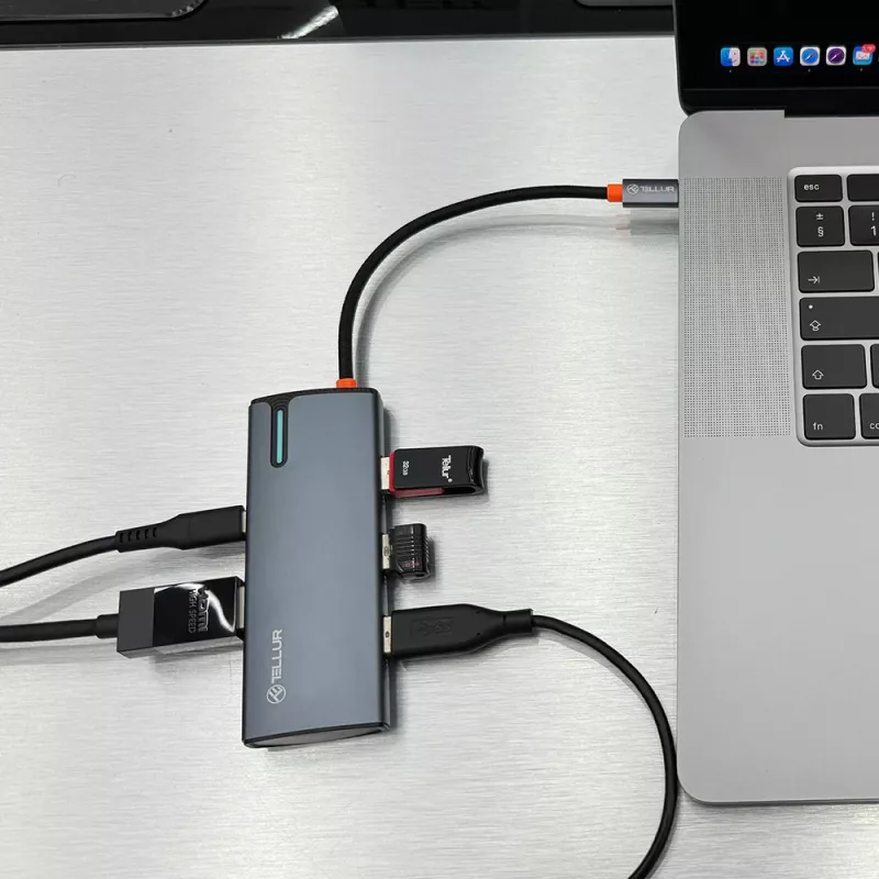 USB-C centrinis įrenginys Tellur TLL321061 su PD 3.0 100W, HDMI išėjimu ir 3× USB 3.0 prievadais