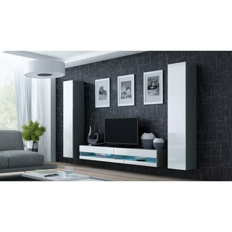 TV spintelė Cama Meble VIGO NEW 30/140/40 — 1400×400×300 mm, pilkas viršus, pilkas rėmas, balti blizgūs fasadai