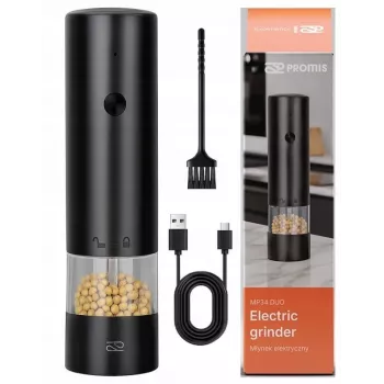 Druskos malūnėlis PROMIS MP34, keraminis peiliukas, reguliuojamas smulkumas, 180 mm, juodas, USB
