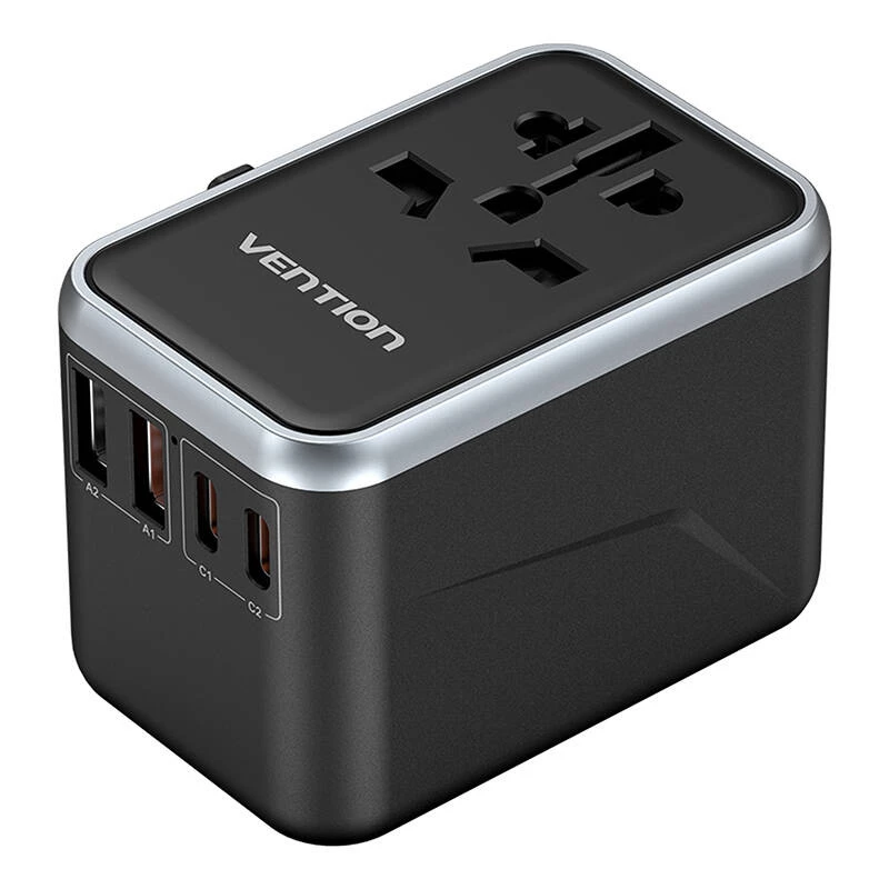 Vention 65 W GaN kelioninis adapteris su įkrovikliu, 2x USB-A 2x USB-C, juodas
