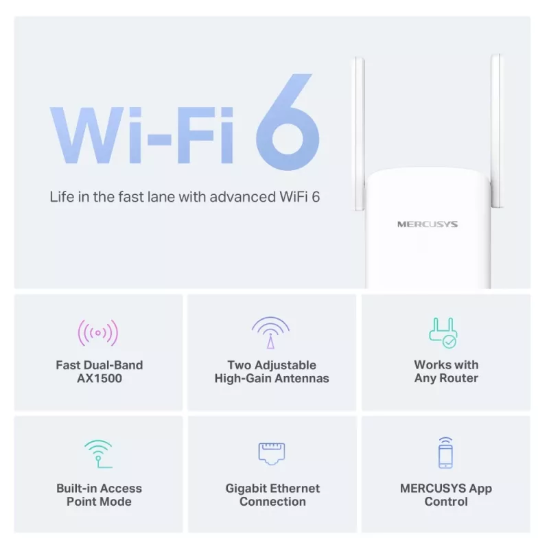 Mercusys ME60X Wi-Fi 6 AX1500 dviejų juostų signalo stiprintuvas