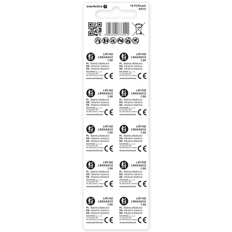 Šarminė monetinė baterija everActive G12 AG12 1,5V – 10 vnt. pakuotė
