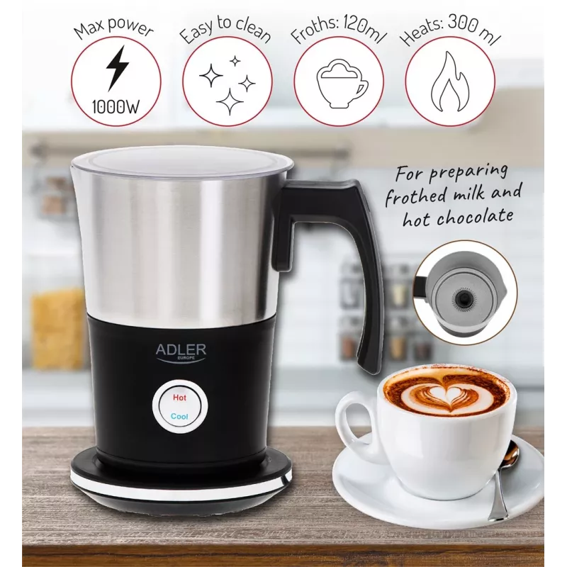 Automatinis pieno putos plaktuvas Adler AD 4497 — nerūdijantis plienas, 600W, putos 120 ml / šildymas 300 ml, karštas ir šaltas