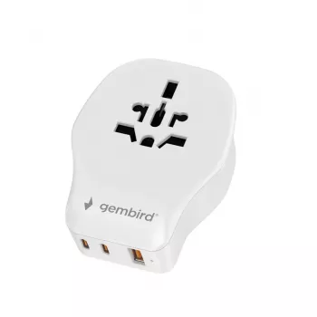 Sieninis kelioninis adapteris GEMBIRD TPA-1A2C20-02-W 20W – 1×USB-A + 2×USB-C, G tipo kištukas, 100–250V, baltas