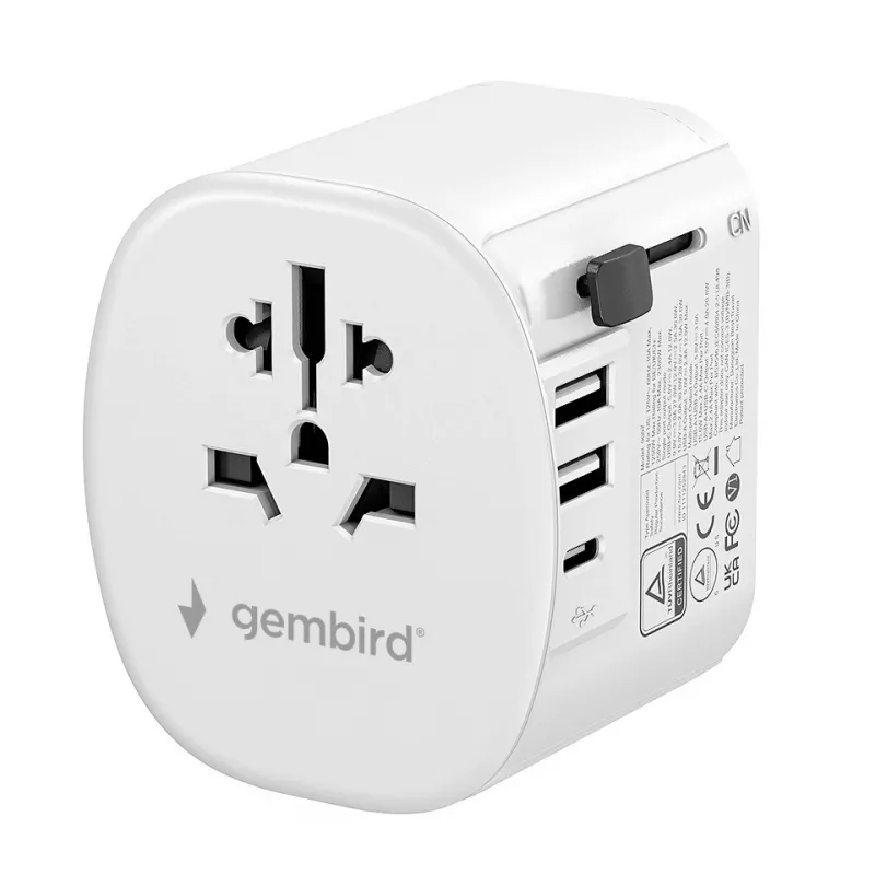 Kelioninis adapteris GEMBIRD TPA-EU2A1C15-01-W — 15W, kištukas E tipas, 2× USB-A + 1× USB-C, 100–250V
