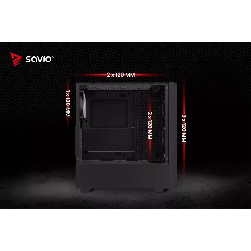 PC korpusas SAVIO Noctis Glass RGB — Juodas, ATX/Micro-ATX, 210×410×450 mm, 3×120 mm priekiniai ventiliatoriai