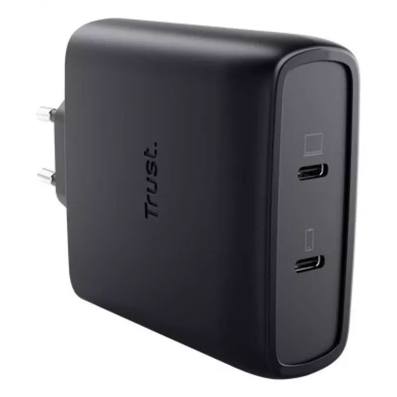 TRUST Maxo 100W 2 prievadų USB-C GaN įkroviklis – 100 W, 2× USB-C, 20 V maks., 2 m laidas, juodas